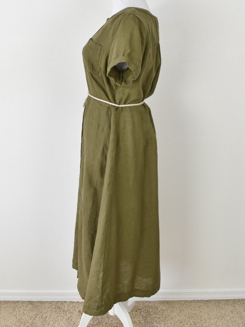 Talbots Olive Green Linen Button Down Midi Dress - 8 - Picture 3 of 9